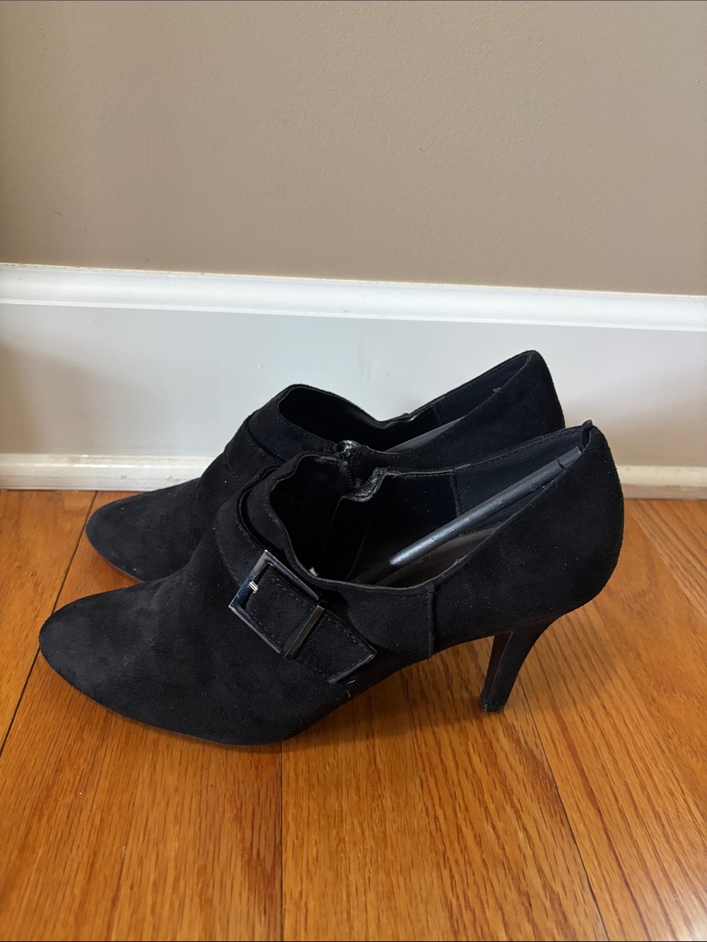 Impo Women's Black Suede Pointed Heel Booties with Buckle